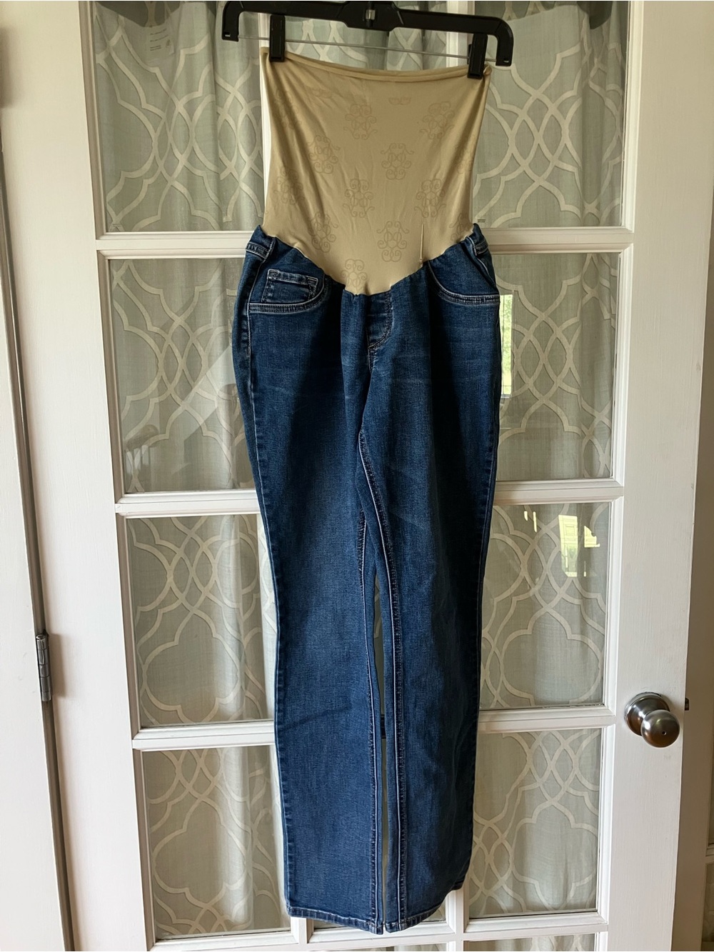 Jessica Simpson size L maternity jeans with stocking style top over belly